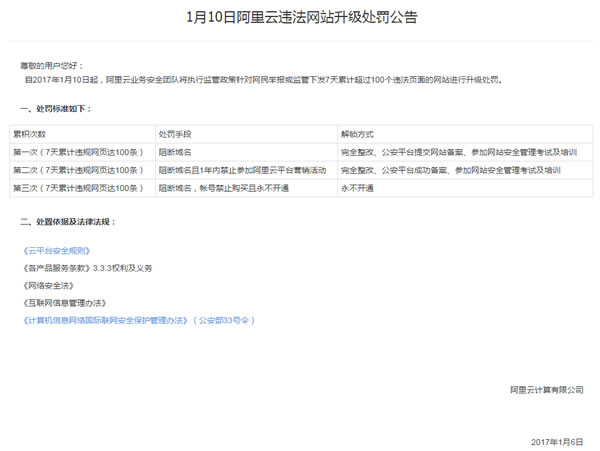 阿裡雲對違法網站處罰力度升級